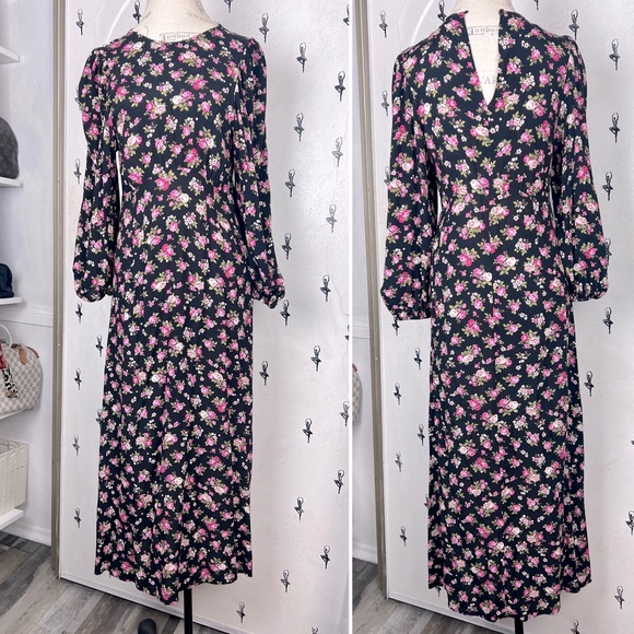 Zara Black Floral Midi Maci Long sleeve Cottagecore Rose Dress sz. S boho light - Picture 1 of 17